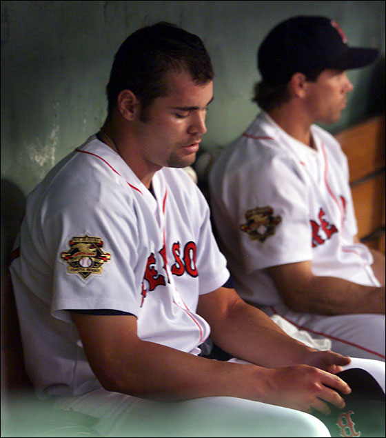 4-24-2001 -- Boston:The night didn't start out too well for Red Sox starter Paxton Crawford, as evidenced by the look on his faceafter he came into the dugout having given up three runs to the Twins in the top of the first inning. He settled down and pitched four scoreless innings after that though and left with a 5-3 lead.