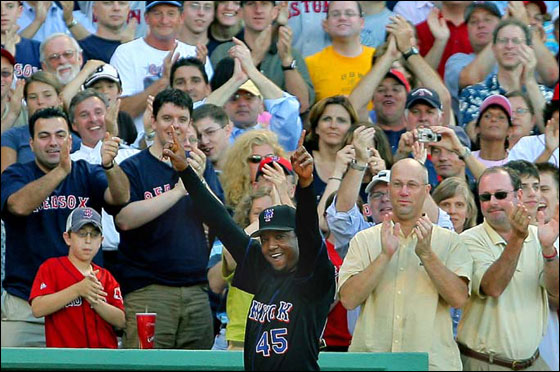 During the Red Sox interleague game vs the New York Mets at Fenway Park, former Boston pitching ace Pedro Martinez, now a member of the Mets, came out of the visitor's dugout after the Sox played a video tribute to him on the center field scoreboard, and the crowd went wild.