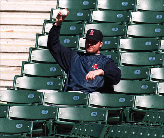 OCTOBER 2, 1995: Red Sox Roger Clemens takes a breatk before workout at Jacobs Field in Cleveland