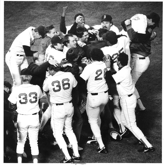 10.15.86, Sox-Angles Game 7 ALCS.  Red Sox players mob pitcher Clavin Schiraldi at the end of game.