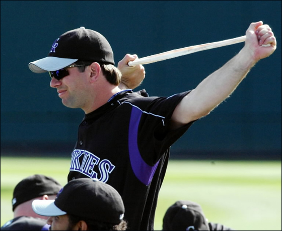 Colorado Rockies first baseman Todd Helton stretches with teammates at the Rockies spring training facility in Tucson, Ariz., on Monday, March 21, 2005. Helton is upset with St. Louis Cardinals broadcaster Wayne Hagin who accused Helton of taking steroids during a broadcast on Saturday.