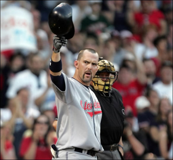 Trot Nixon the Cleveland Indians outfielder tips his helmet to the crowd after an ovation on his first at bat against the Red Sox at Fenway Park Monday May 28 2007.