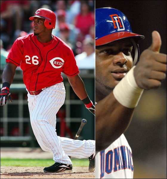 Left: Wily Mo Pena of the Cincinnati Reds hits his second three-run home run of the game against the Arizona Diamondbacks in the eighth inning on August 21, 2005. Right: Wily Mo Pena gives the thumbs up to fans in the second inning during a game between the Dominican Republic and Australia in the World Baseball Classic in Kissimmee, Fla., Friday, March 10, 2006.