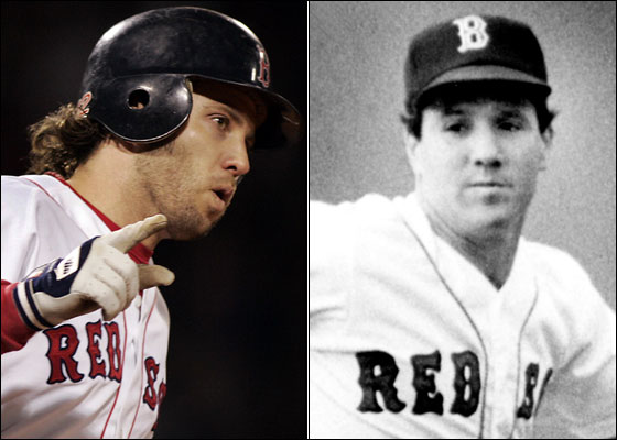 11.4.86: Marty Barrett at Fenway, 10.23.04: Mark Bellhorn signals as he rounds first on his game winning two run shot.