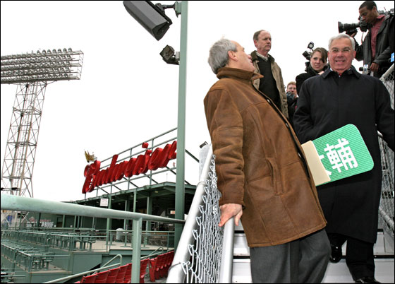 Red Sox president Larry Lucchino and Mayor Thomas Menino toured Conigliaro's Corner, new affordable roof top seats at Fenway Park, Wednesday, April 4, 2007. 