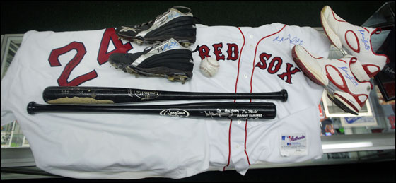 Red Sox slugger Manny Ramirez memorabilia on display at the new SportsWorld store on Route One in Saugus