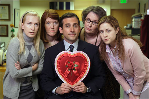 The Office - Pictured: (l-r) Angela Kinsey as Angela, Kate Flannery as Meredith, Steve Carell as Michael Scott, Phyllis Smith as Phyllis, Jenna Fischer as Pam Beesley