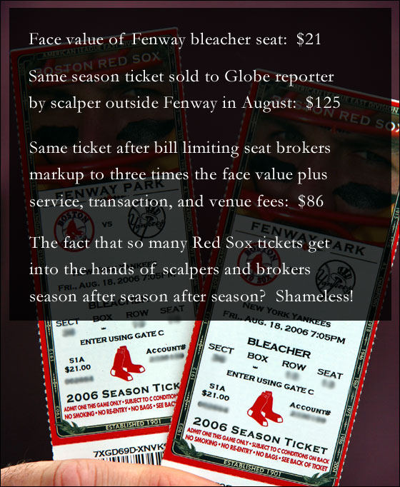 08/18/2006 Tickets bought by a Boston Globe reporter from a scalper in Kenmore Square for $125.00 a piece, with a face value of $21.00., for the Red Sox vs. Yankees day game on Friday (8/18).