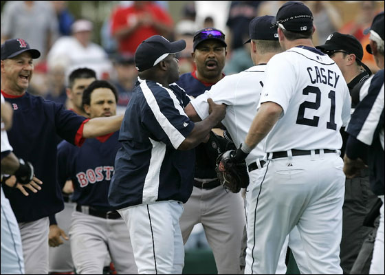 3.10.07: Red Sox manager Terry Francona, left, yells as Detroit Tigers hitting coach Lloyd McClendon, second from left, holds back Tigers pitcher Todd Jones as he argues with Boston Red Sox third base coach DeMarlo Hale during a bench clearing in the fifth inning of a Grapefruit League game