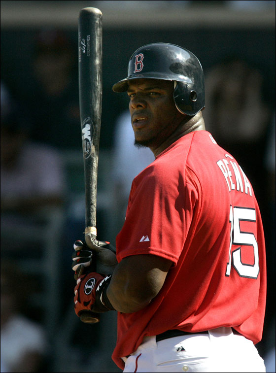 Red Sox' Wily Mo Pena steps into the batter's box for his first at-bat for the team in the seventh inning against the Tampa Bay Devil Rays during their spring training baseball game in Fort Myers, Fla., Tuesday March 21, 2006. Pena, who was traded by the Cincinnati Reds for pitcher Bronson Arroyo, singled.