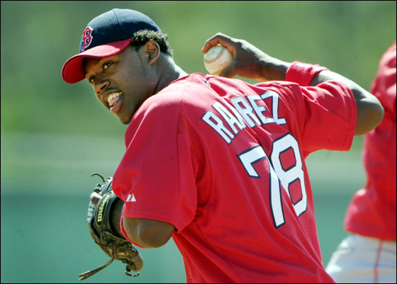 Red Sox top prospect, shortstop Hanley Ramirez works on his double play pivot form in Ft. Myers in February.