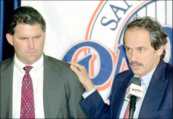 San Diego Padres club president Larry Lucchino, right, fields a reporter's question as he introduces new general manager Kevin Towers, left, at a news conference Friday, Nov. 17, 1995, at San Diego's Jack Murphy Stadium. Towers, 34, was promoted to General Manager from Director of Scouting.