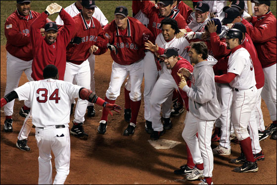 David Ortiz' homer wins Game 4 in the 12th inning of the 2004 ALCS against the Yankees at Fenway Park.