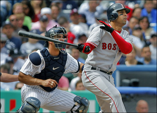 Alex Cora (right) and Yankees catcher Jorge Posada (left) got a good view of Cora's fifth-inning two-run homer.