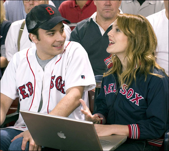 Single Red Sox fans Jimmy Fallon and Drew Barrymore take in a game at Fenway in 2004