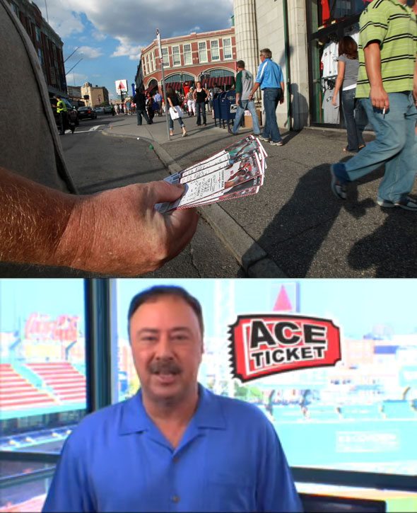 Rich, last name withheld, holds tickets for sale to the Boston Red Sox vs. the Detroit Tigers game at the corner of Yawkey Way and Brookline Ave. Jerry Remy pitches aftermarket tickets for Ace Tickets