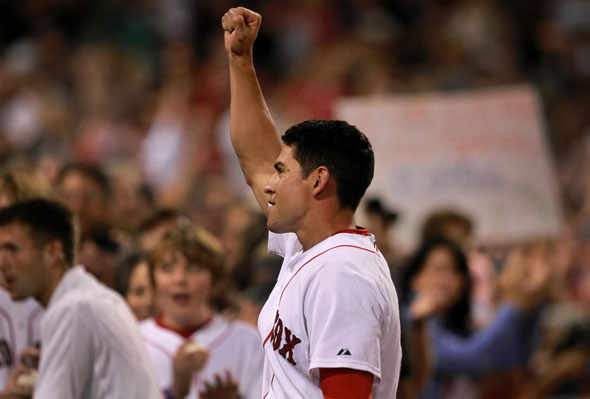 Ellsbury acknowledges the fans after he hit a walk off home run for the 4-3 victory over the Cleveland Indians.