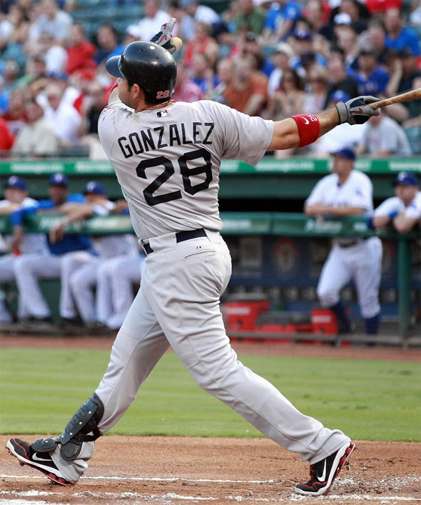 Gonzalez of the Boston Red Sox hits a two-run home run against the Texas Rangers at Rangers Ballpark in Arlington on August 23, 2011 in Arlington, Texas. 