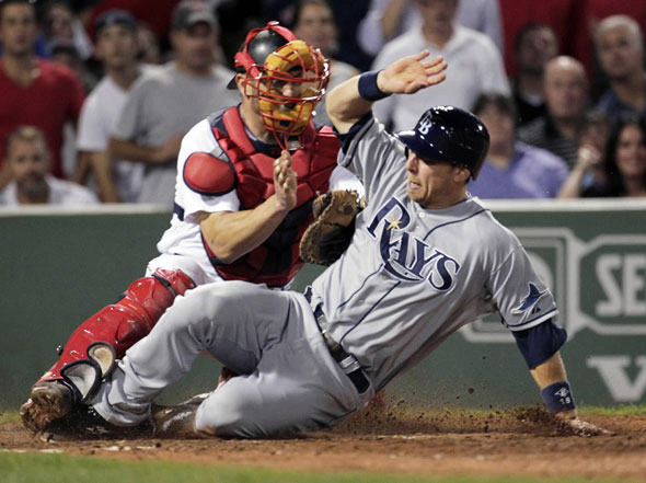 The Rays was credited with a steal of home as he scored when the ball either hit him or Red Sox catcher J. Varitek couldn