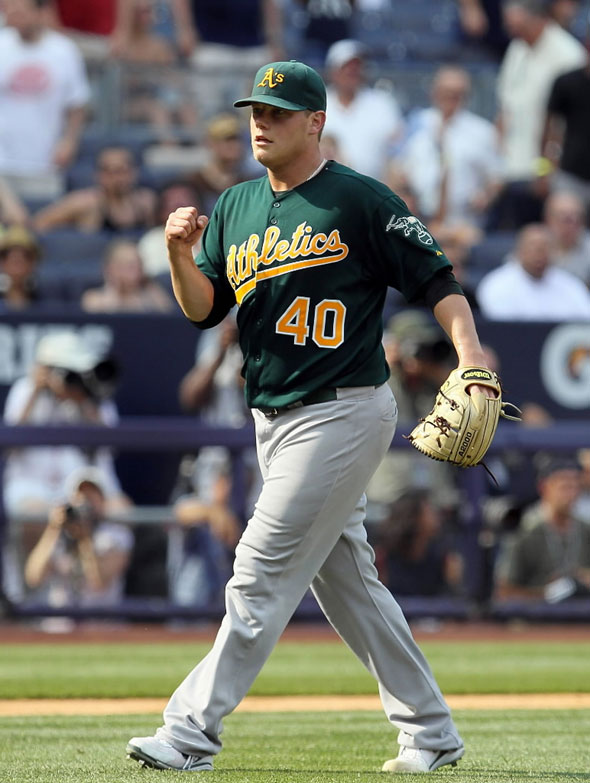 Andrew Bailey of the Oakland Athletics celebrates after defeating the New York Yankees on July 23, 2011 at Yankee Stadium in the Bronx borough of New York City.