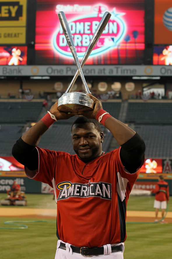 American League All-Star David Ortiz of the Boston Red Sox winner of the 2010 State Farm Home Run Derby during All-Star Weekend at Angel Stadium of Anaheim on July 12, 2010 in Anaheim, California.