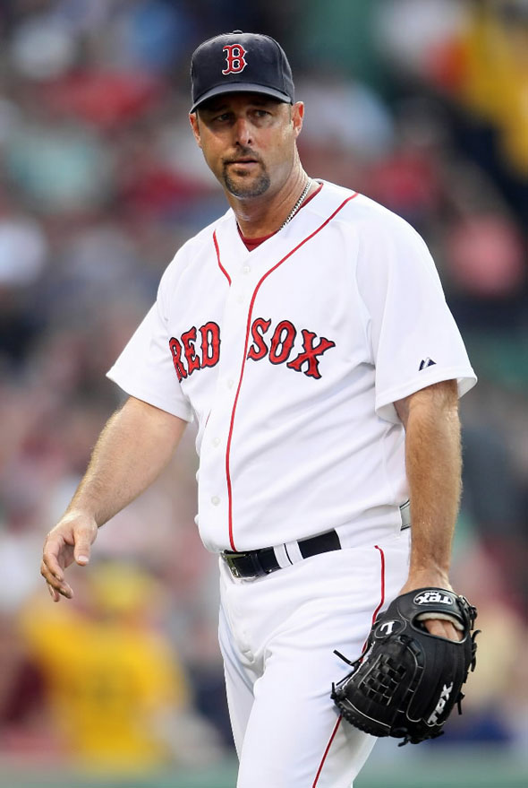 Tim Wakefield of the Boston Red Sox heads back to the dugout after the first inning against the Toronto Blue Jays on July 6, 2011 at Fenway Park in Boston