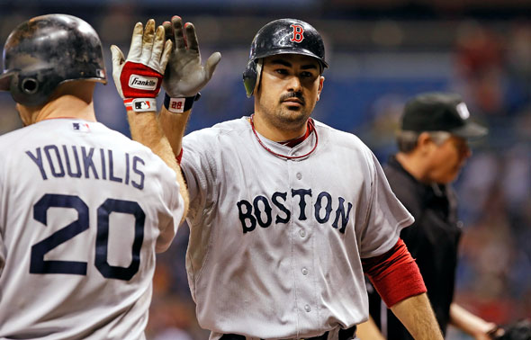 Infielder Adrian Gonzalez of the Boston Red Sox celebrates his ninth inning home run against the Tampa Bay Rays during the game at Tropicana Field on June 16, 2011 in St. Petersburg, Florida.