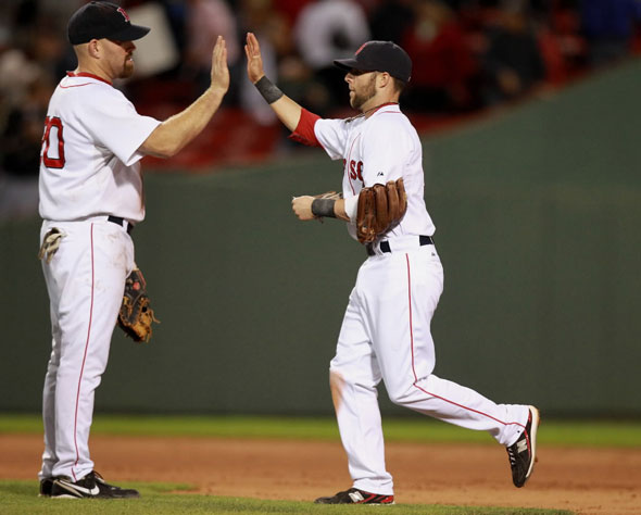 Kevin Youkilis (cq) left and his teammate Dustin Pedroia (cq) right celebrate their teams win. The Boston Red Sox