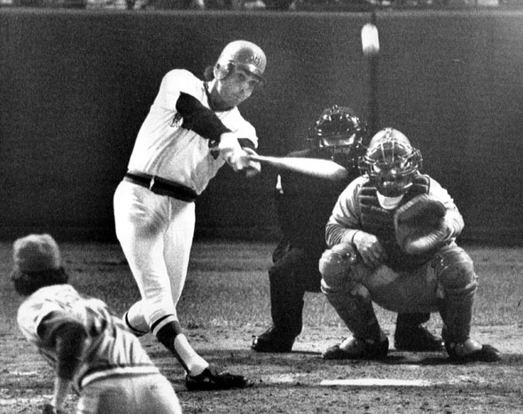 10/21/1975  Bernie Carbo, Boston pinch hitter, belts a home run into the center field seats to drive in two and tie the sixth game of the World Series in the eighth inning. Pitcher is Rawley Eastwick for the Reds; catcher is Johnny Bench and umpire is Dave Davidson.