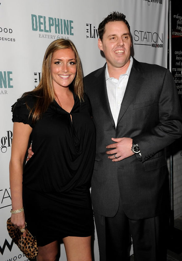John Lackey (R) and wife Krista arrive at the grand opening party for Delphine restaurant at the W Hollywood Hotel & Residences on February 11, 2010 in Hollywood, California. 