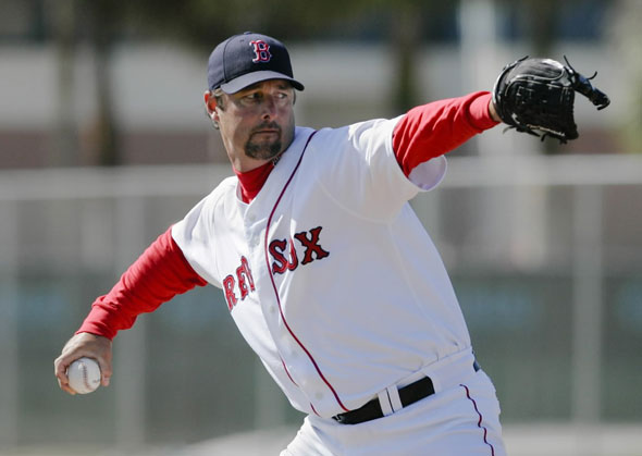 Red Sox pitcher Tim Wakefield throws at baseball spring training in Fort Myers, Fla.