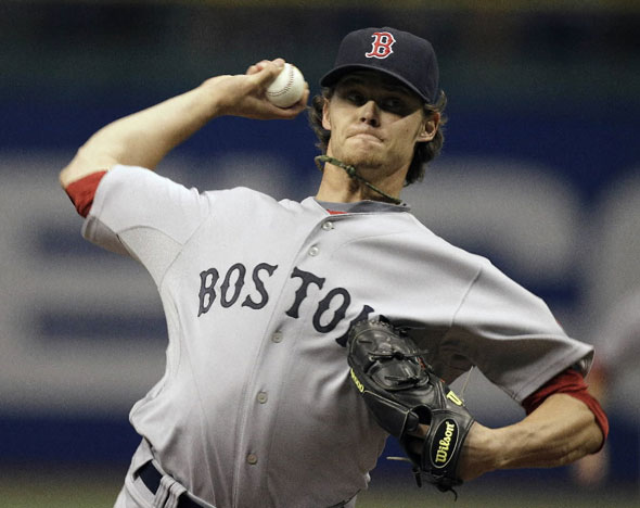Clay Buchholz delivers a first inning pitch to the Tampa Bay Rays
