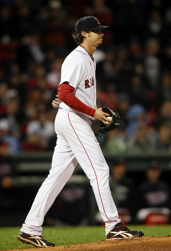 Clay Buchholz reacts before he is pulled from the game in the top of the ninth inning against the Minnesota Twins on May 19, 2010 at Fenway Park