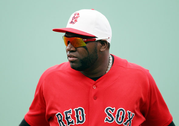 David Ortiz  and the rest of the Boston Red Sox wears a special edition hat in honor of Memorial Day during the game against the Kansas City Royals on May 30, 2010