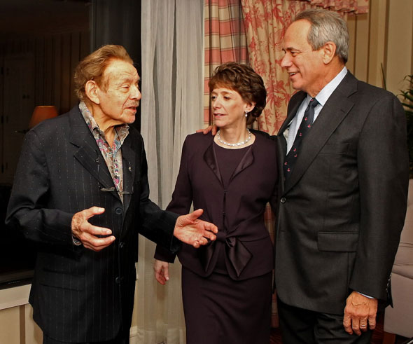 Jerry Stiller, left, talks to Laura Trust, and Larry Lucchino in Stiller's hotel room before the L'Dor VaDor Gala at the Four Seasons Boston on Thursday November 4, 2010. Lucchino found out Jerry Stiller is a Red Sox fan and offered him the chance to throw out the first pitch to a game