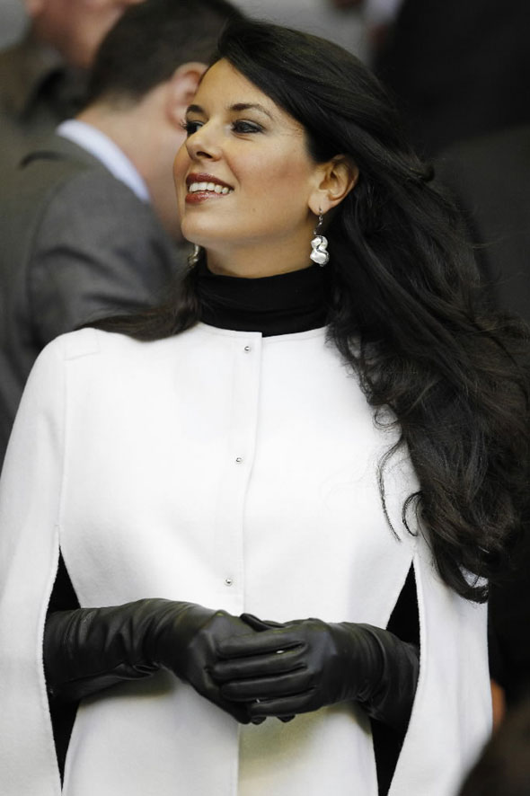 Linda Pizzuti, partner of Liverpool's owner John W Henry, smiles before their English Premier League soccer match against Chelsea at Anfield in Liverpool, northern England, November 7, 2010.