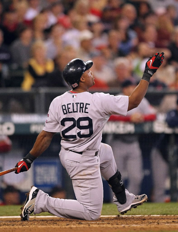 Adrian Beltre of the Red Sox watches his home run in the fourth inning